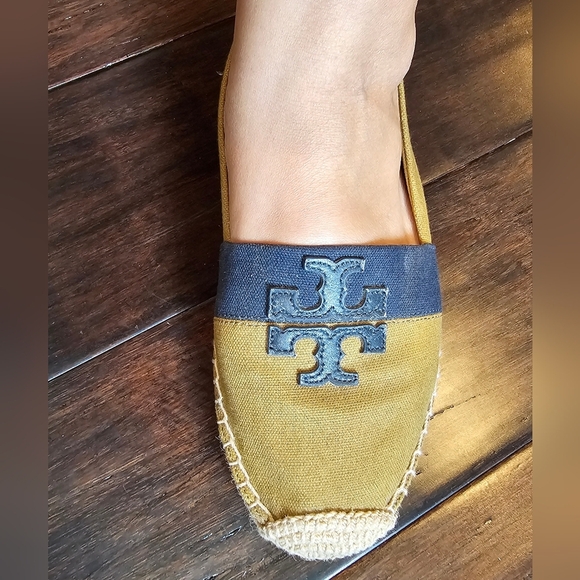 Tory Burch Size 8.5 Weston Espadrille Slip On Olive Green & Navy Blue Canvas Sho - Picture 11 of 11